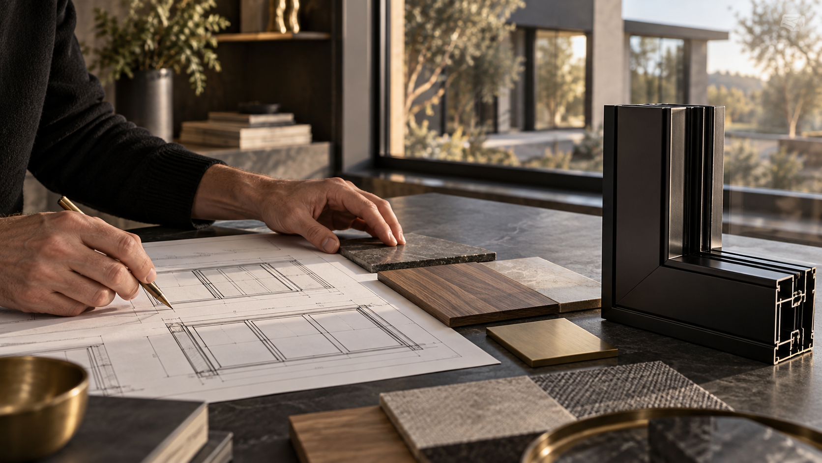 Architect reviewing window drawings and material samples