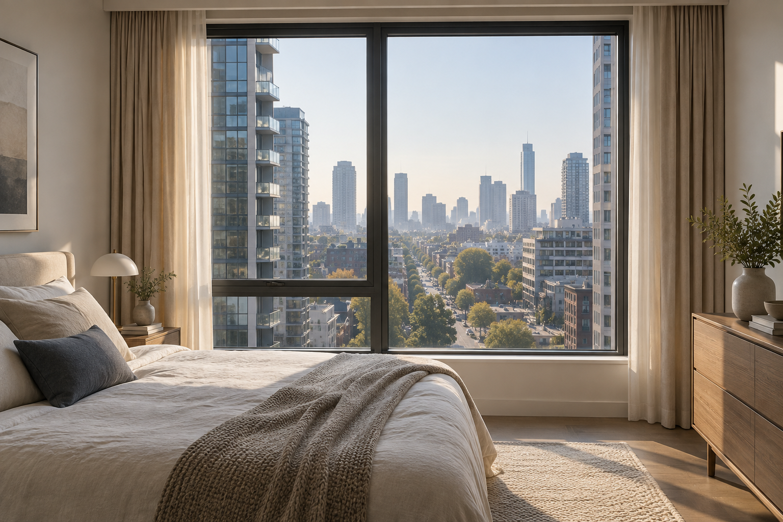 Quiet urban bedroom with modern soundproof window