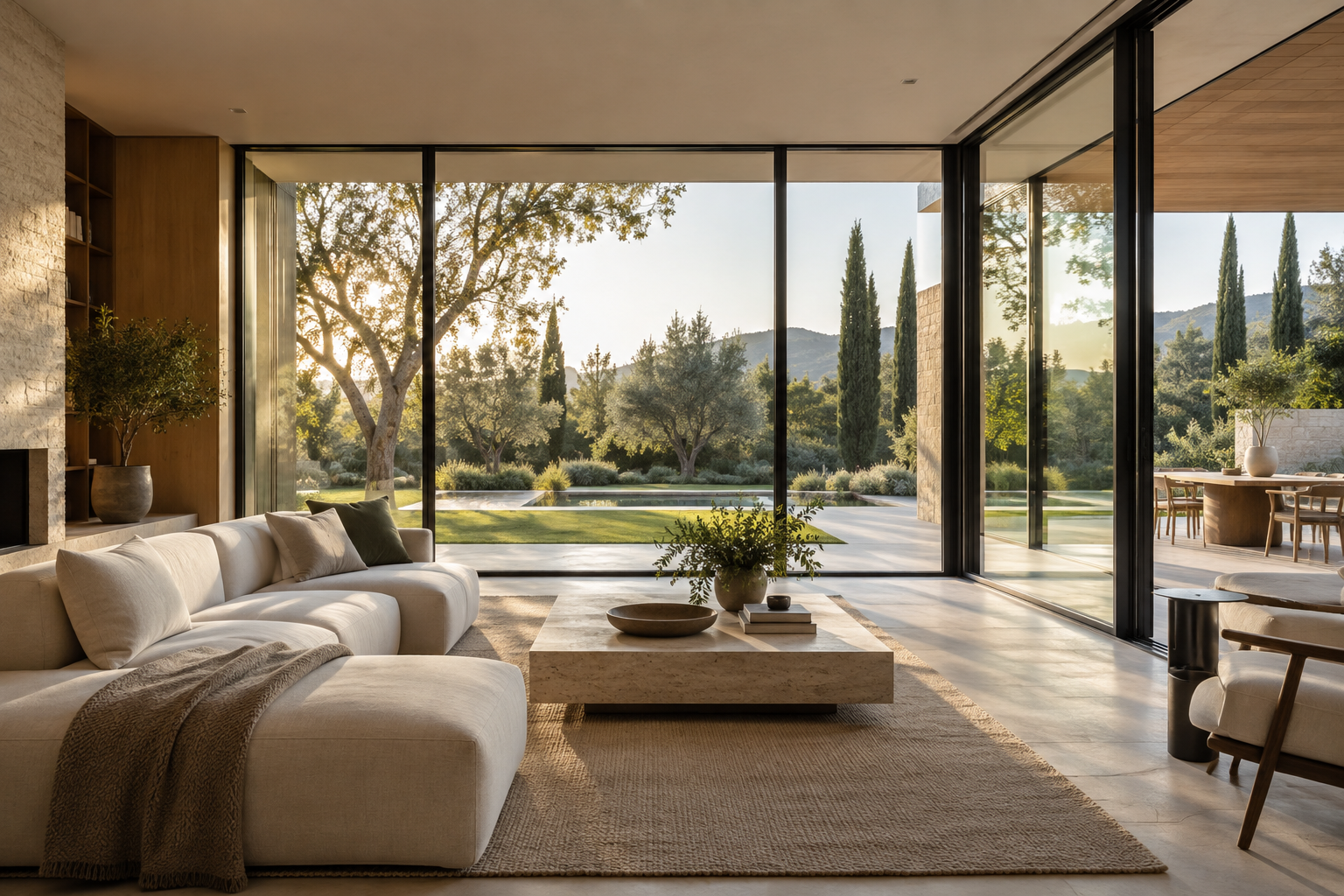 Villa living room with large architectural window opening