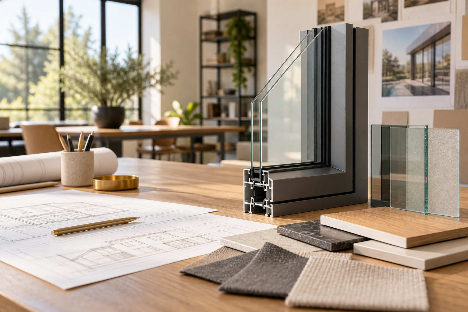 Window system samples and project drawings for a factory quote consultation