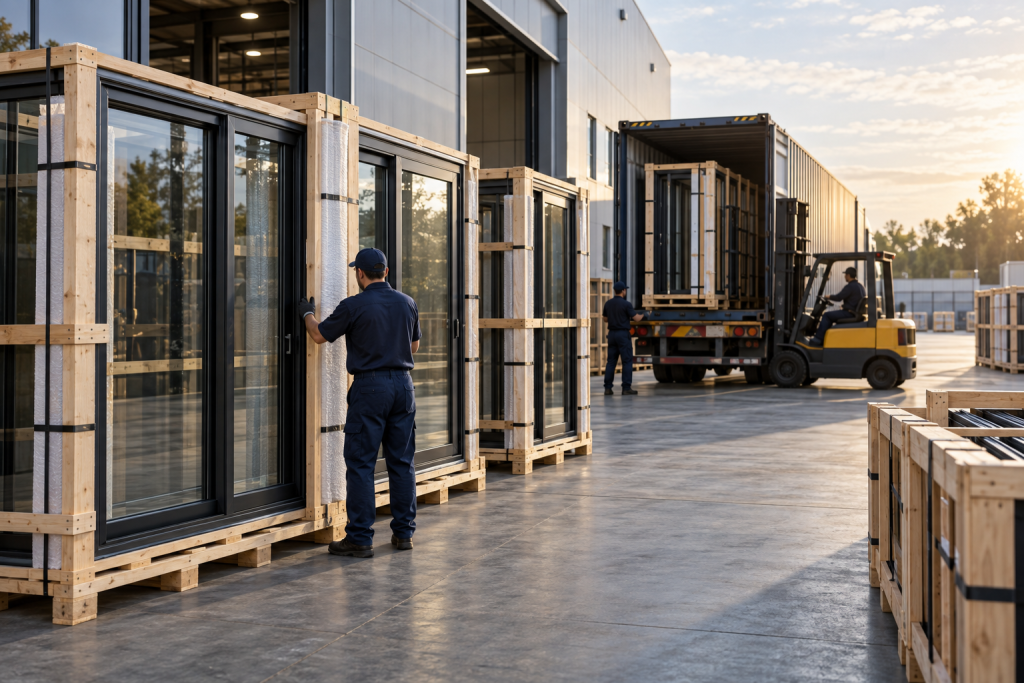 Export-ready window frames prepared for global delivery