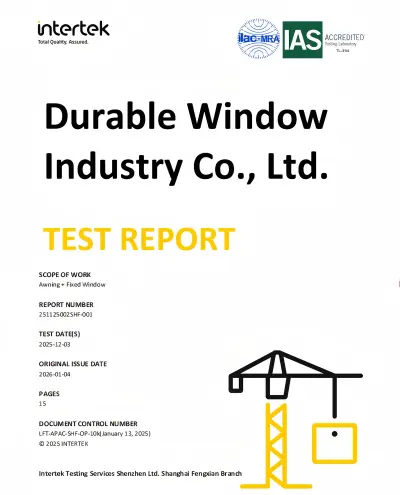 Intertek report cover evidence for awning and fixed window configurations