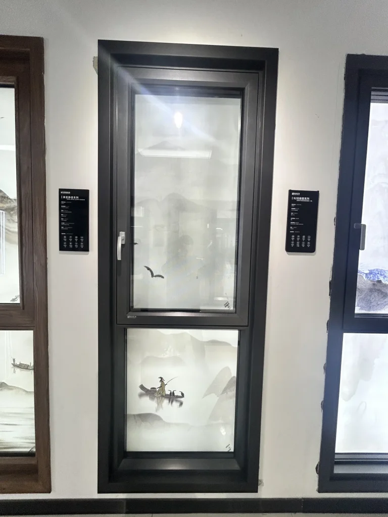 92 Series thermal-break aluminum casement window with screen, showroom front view